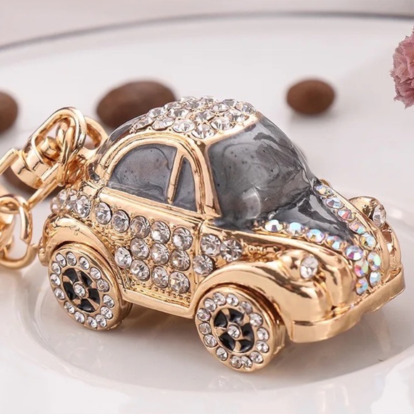 Retro Black and Gold Crystal Coupe Car Keychain Charm - Picture 3 of 16